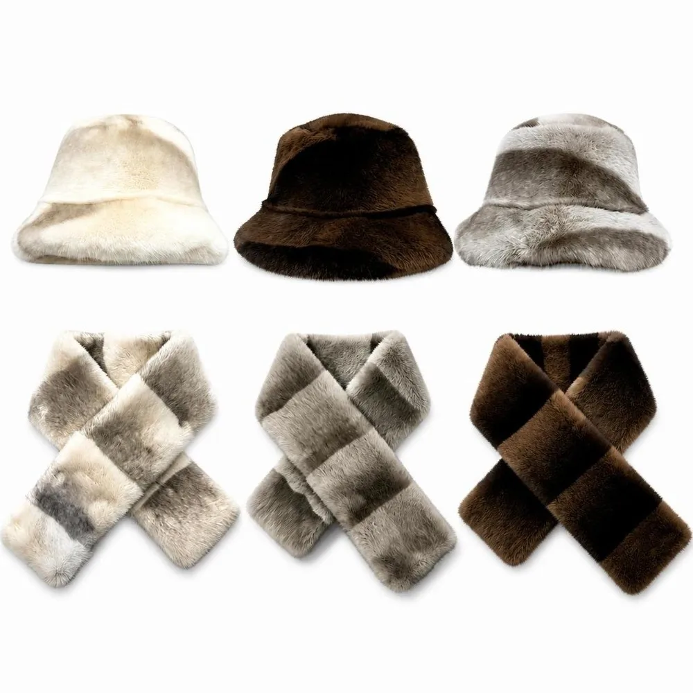 conjunto-de-chapeu-e-cachecol-de-pele-sintetica-dupla-face-chapeu-e-cachecol-de-pele-sintetica-de-vison-cachecol-cruzado-degrade-chapeu-bucket-e-cachecol