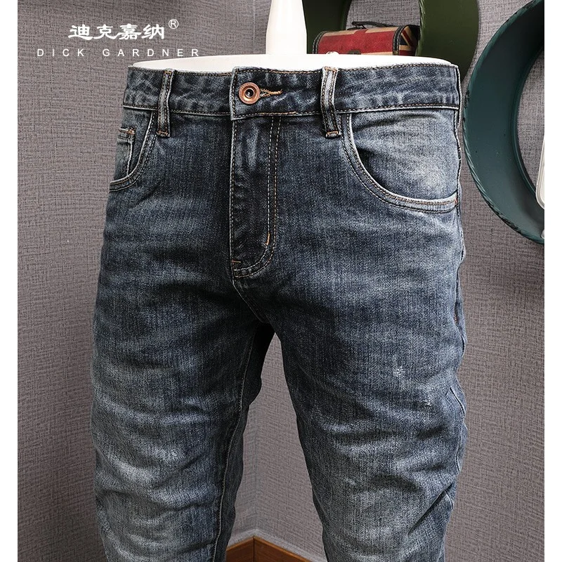 جينز ريترو لخريف 2025 للرجال، مرن، كاجوال، تنحيف، عصري، أنبوب مستقيم صغير، سروال ماركة عصري