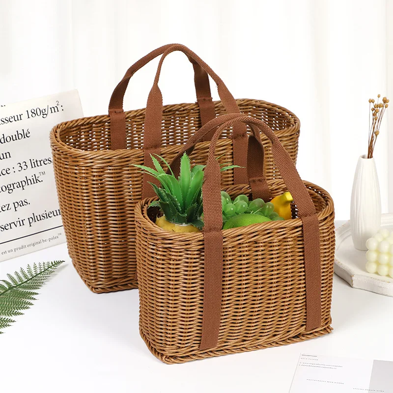 Japanese Hand Woven Picnic Basket Imitation Rattan Large Shopping Baskets Fruit Vegetable Storage Basket with Handle