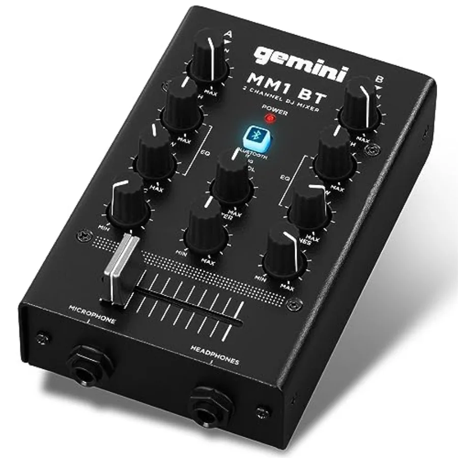 

Gemini Portable Bluetooth DJ Mixer 2-Channel Mini Audio Mixer with Wireless Input RCA Mic and Headphone Jacks EQ and Crossfader