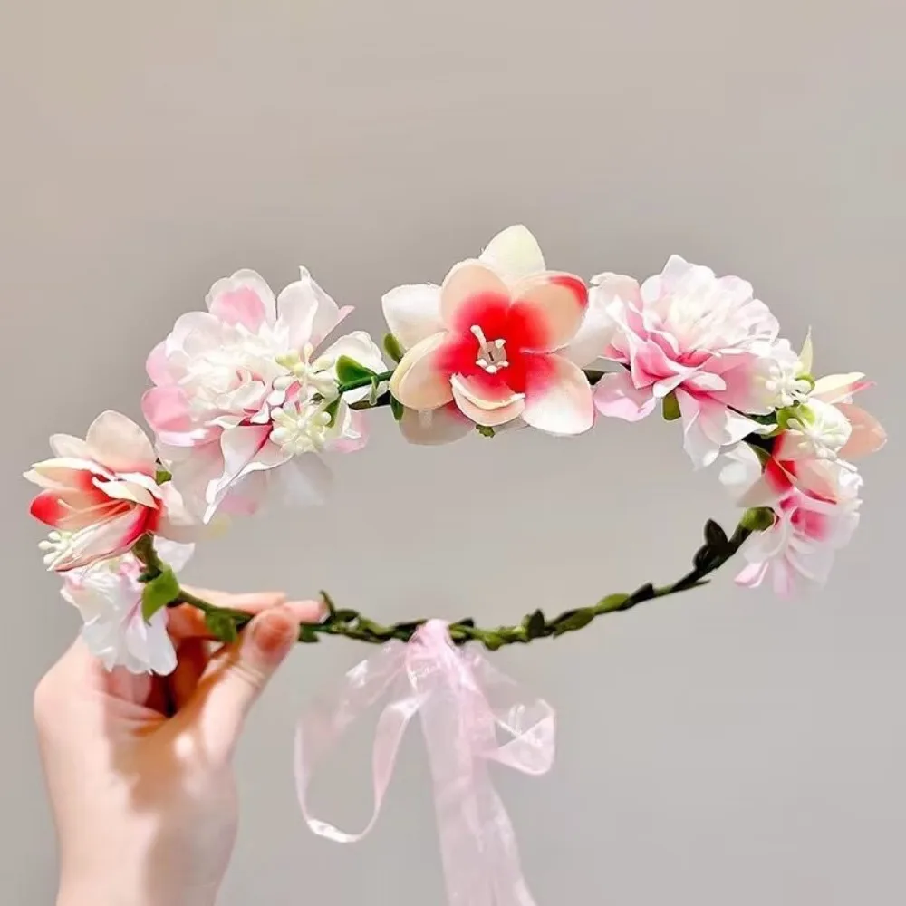 Fascinating Y2k Artificial Flower Fairy Flower Crown with Ribbon Headpiece Flower Headbands Bride Wedding Braided Wreath Women