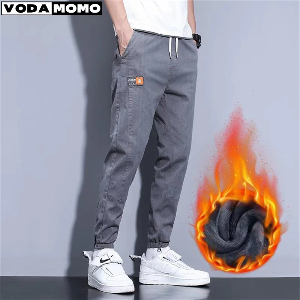 

Winter Men Jeans Fleece Lined Thick Warm Black Joggers Fashion Streetwear Cotton Casual Thermal Harem Jean Pants men clothing