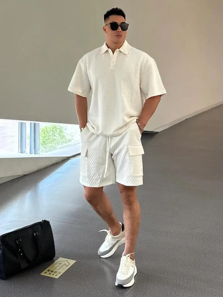 

Casual Men's Summer Faion ort Sve irt And Multi ket Workwear orts Two Piece Set Texture Sensation Ensemble