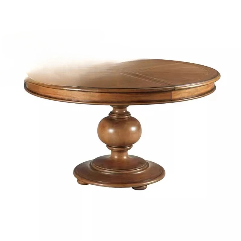 

Solid wood round dining table and chair combination household small apartment rotating and retractable walnut retro dining table