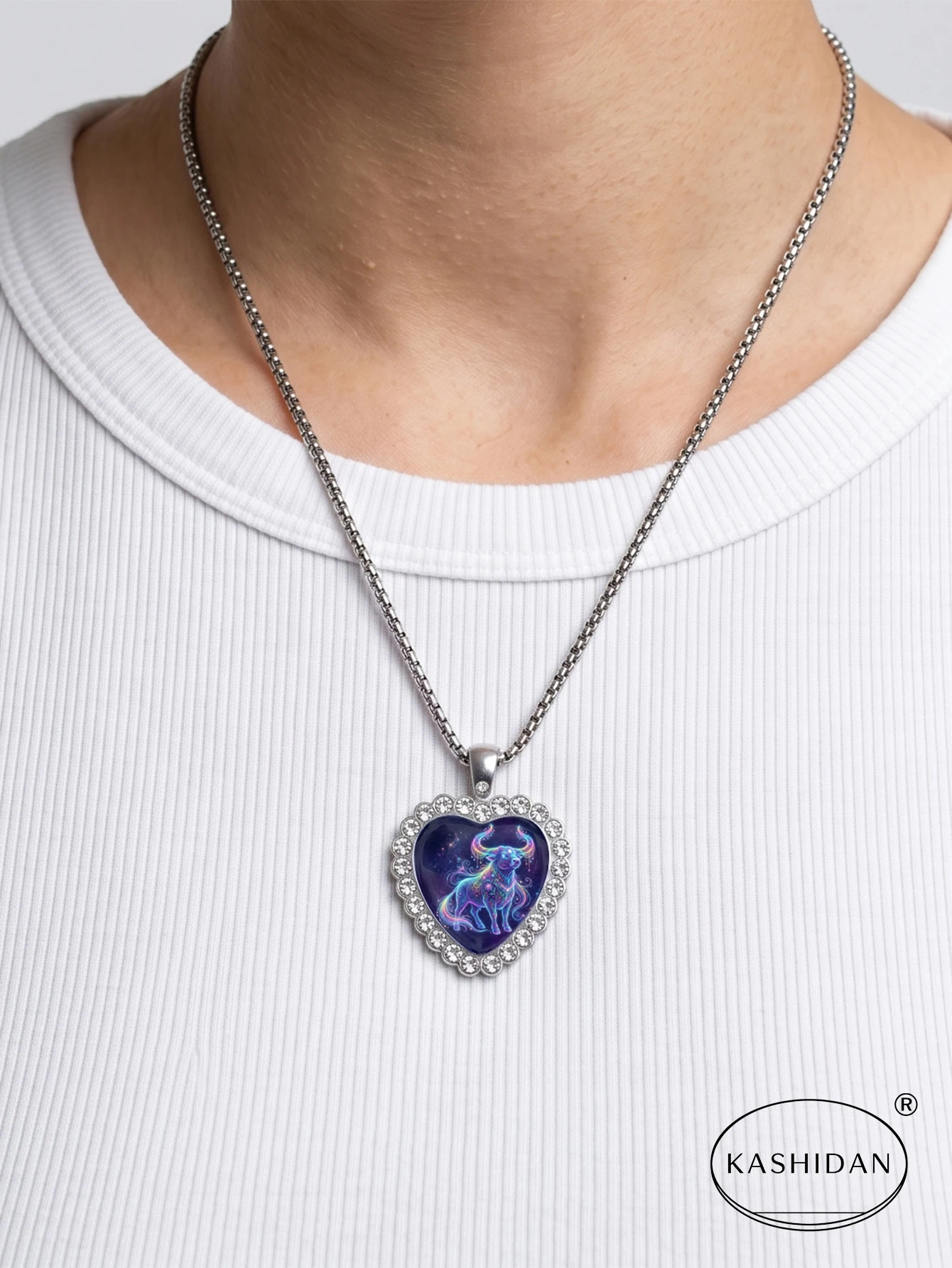 Trendy Silver Color Crystal Zodiac Constellation Necklace Galaxy Taurus Bull Heart Pendant