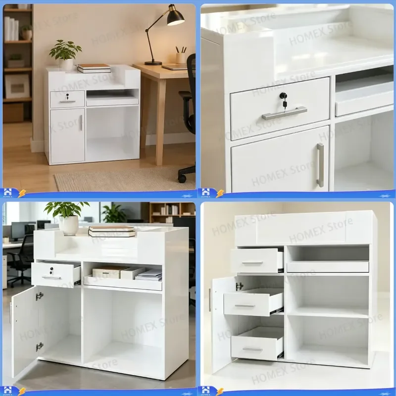 Modern White Square Office Reception Desk Geometric Front Panel Lockable Drawers Durable Commercial Furniture for Business