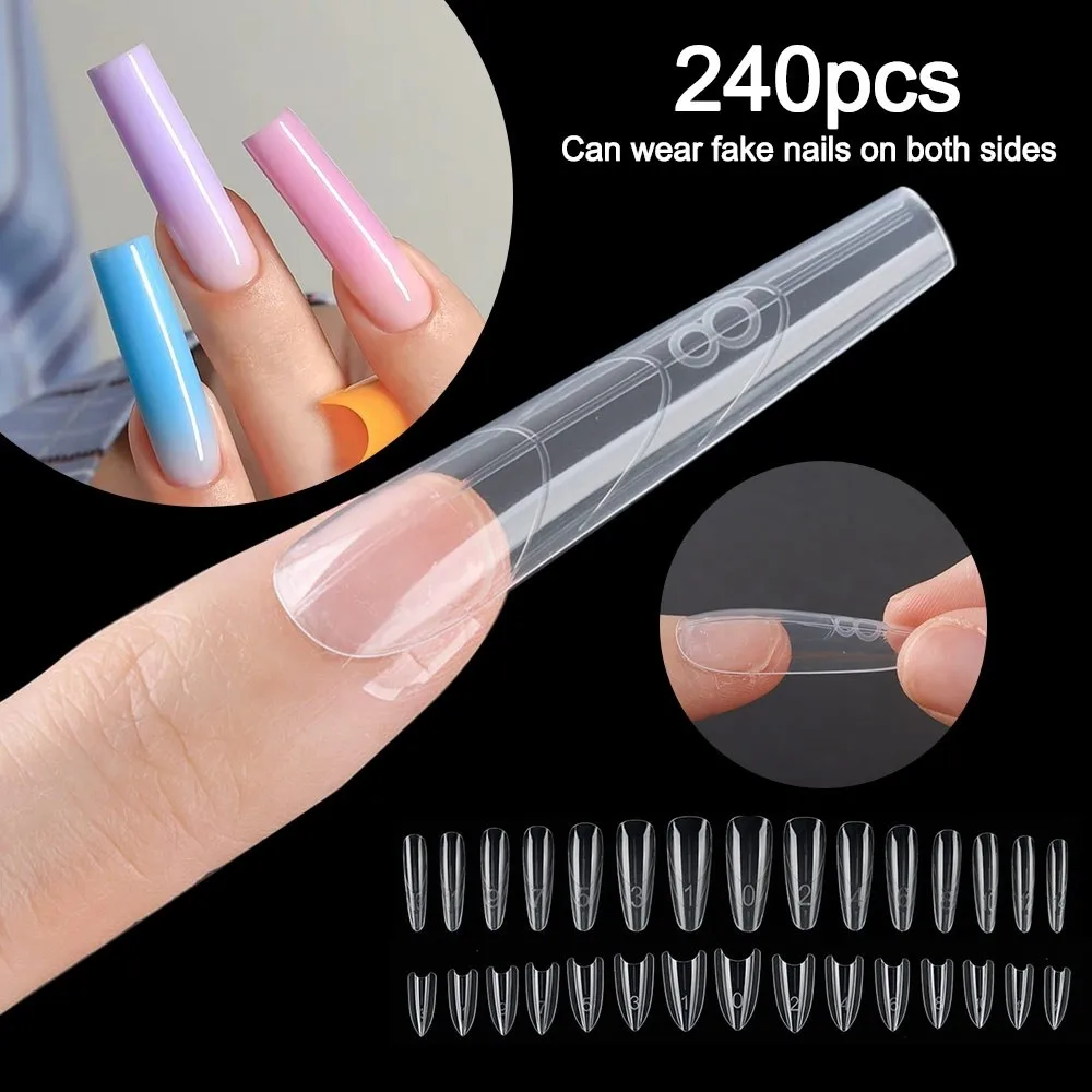 

240pcs Coffin Shape Sandwich Nail Forms Ultra-Thin Almond Shape Double-Sided Fake Nails No-Trace with Auxiliary Line False Nails