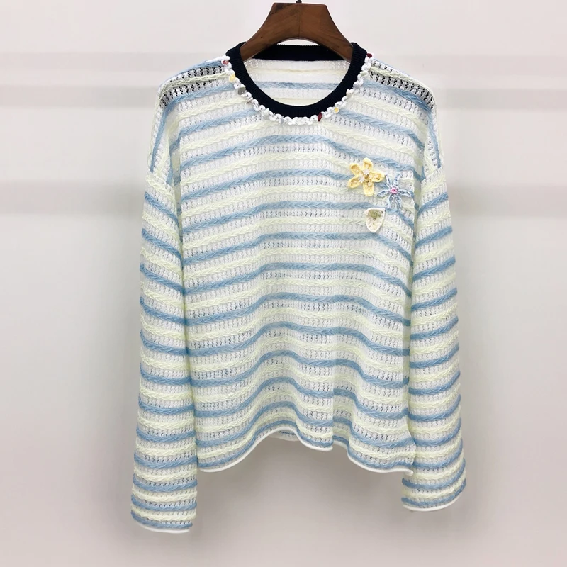 

High-End Autumn New Style Light Weight Embroidery Floral Hollow out Knitted Sweater Tops Women's Loose Striped Pullovers C50