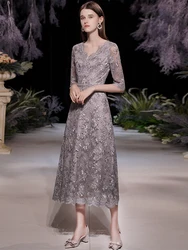 Gray Lace Mother Of The Bride Dresses Elegant V-Neck A-Line Long Women Midi Dresses For Wedding Evening Party