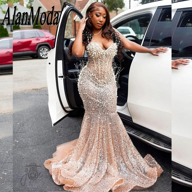 Luxury Champagne Pearl Prom Dresses For Women Sequin Mermaid Wedding Party Dress Customized vestidos de fiesta Evening Gowns