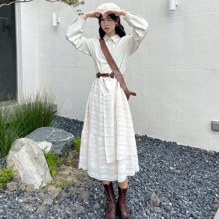

High-end French Retro Long-sleeved Shirt Dress for Women To Wear Design and Temperament Solid Color Skirt Spring and Autumn