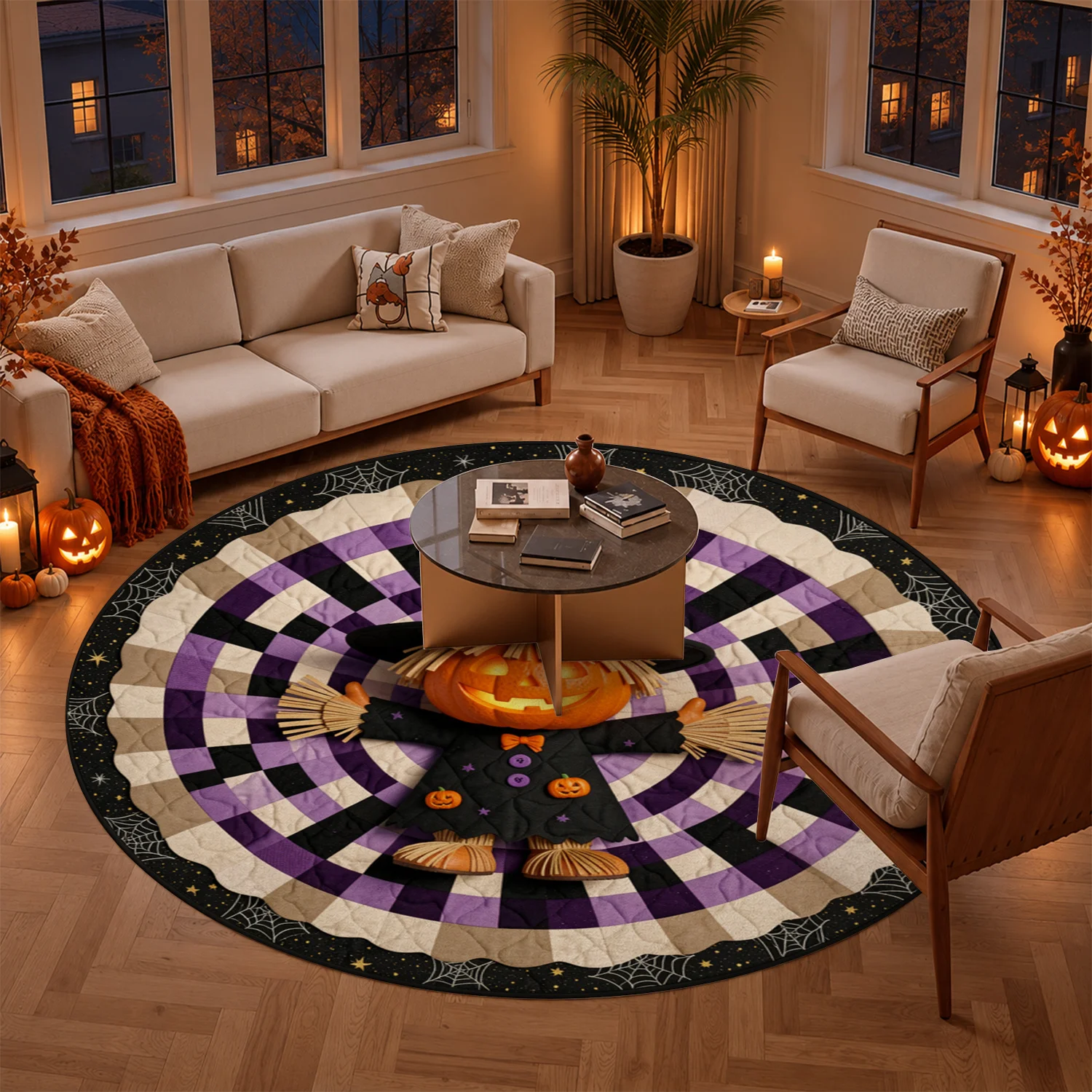 Halloween Pumpkin Scarecrow Spider Web Pattern Round Velvet Table Mat, Machine Washable Table Topper for Dining Table, Kitchen Counter, Coffee Table, Ideal for Halloween, Thanksgiving, Black Friday, Christmas, New Year Home Decor
