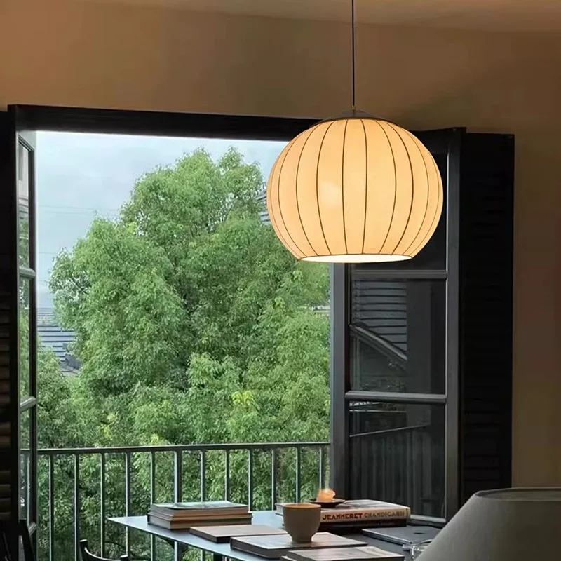 Medieval Round Ball Pattern Cloth Pendant Lights Retro Solid Wood Dining Room Decor E27 Chandelier Bedroom Hanging Lamp Fixtures
