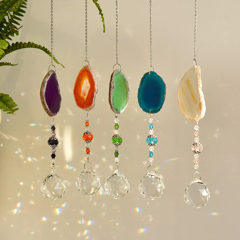 1pc Suncatcher Hanging Crystal Ball with Agate Slice Wind Chime Ornament Window Garden Decor Home Decor