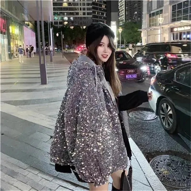 Sparkling Sequin Starry Sky Hooded Coat for Women Spring 2023 New Korean Version Loose Short Thickened Cotton Coat Tide Commuter