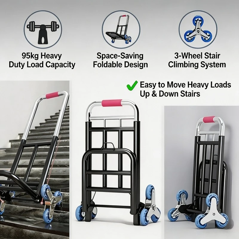 1PC Folding Stair Climbing Hand Truck 95kg Heavy Duty Trolley with 3 Wheels & Binding Ropes