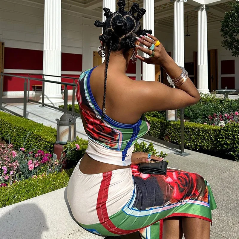 Wind 2023 moda de verano impreso Sexy fuera del hombro bolso de manga cadera medio cuerpo falda conjunto de dos piezas para mujeres