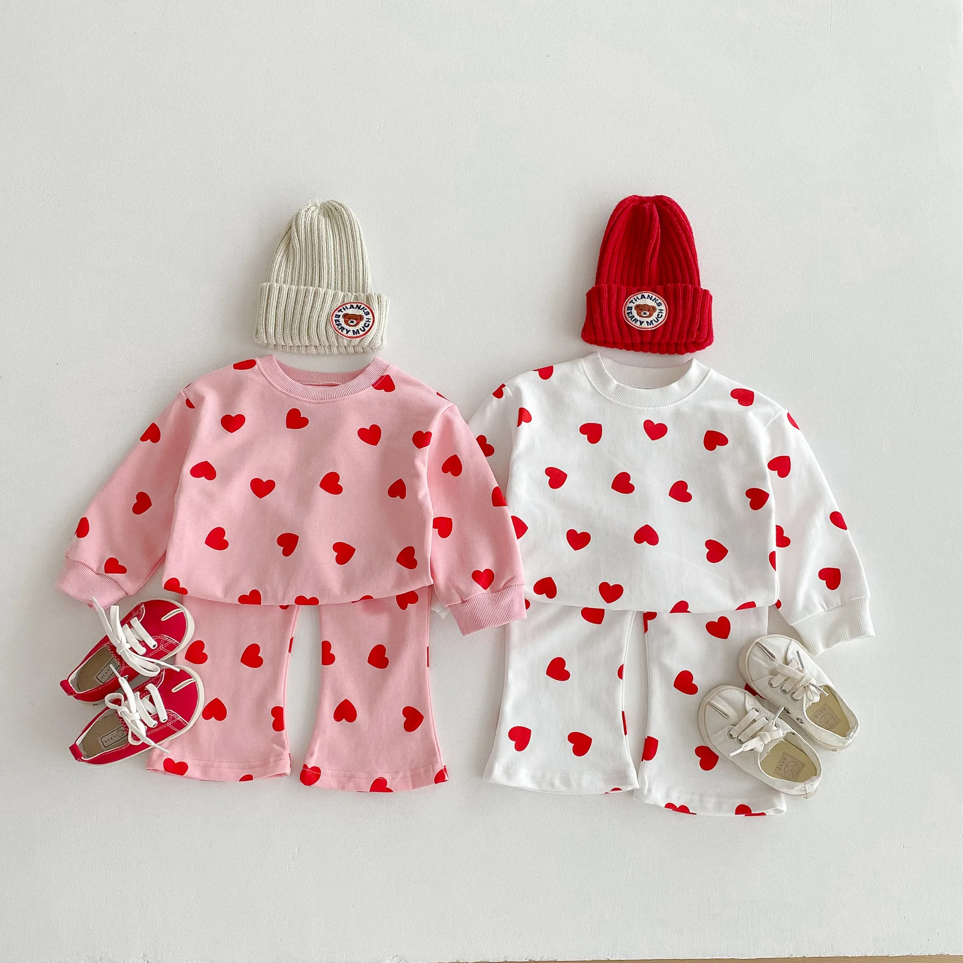 

MILANCEL Autumn New Kids Clothing Set O Neck Hoodie And Flare Pants 2Pcs Girls Suit All Over Heart Print Girls Hoodie Set