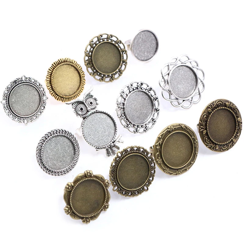 20mm 5pcs Antique Silver Plated Bronze Brass Mix Style Adjustable Ring Settings Blank/Base,Fit 20mm Glass Cabochons