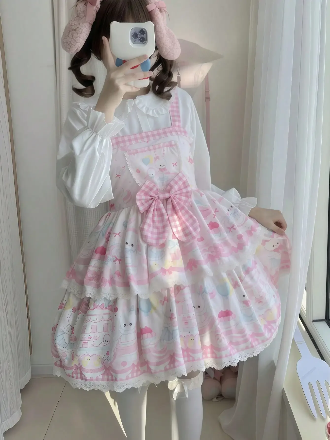 

1pc Lolita Style Cute Pink Rabbit Design Cami Dress Suitable For Holiday Parties, Performance Wear And All Holidays Including Va