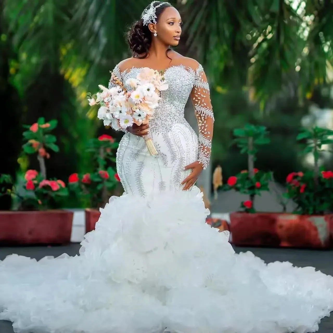 Customized Crystals Rhinestones African Mermaid Wedding Dress Long Sleeves Multi-Layered Ruffles Bridal Gowns Garden Vestido