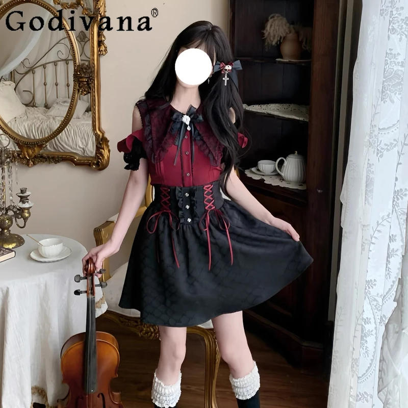 

Original Design Subculture Gothic Skirt Set Japanese Mine Mass-Produced Wine Red Short Sleeve Shirt High Waist Skirt 2-Piece Set