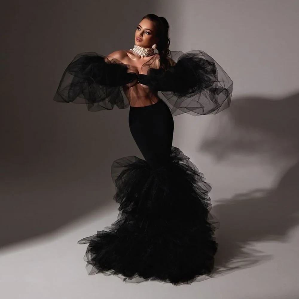 

Black Backless Mermaid Gown with Pearl Back Detail & Puffy Tulle Sleeves – Sexy Formal Dress, Wedding & Prom, Trending 2026