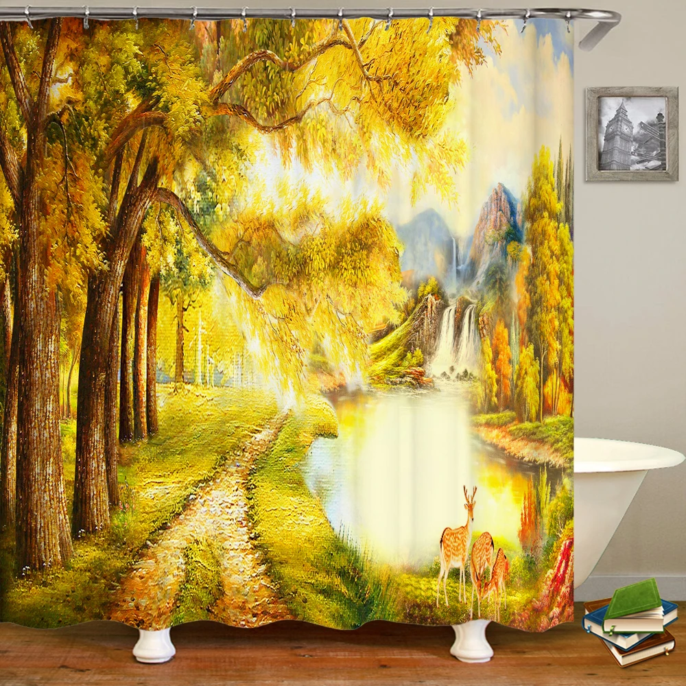 

Country Oil Painting Style Pattern Shower Curtain Colorful Fine Art Design Park The Fall View Bathroom Bath Curtains with Hooks