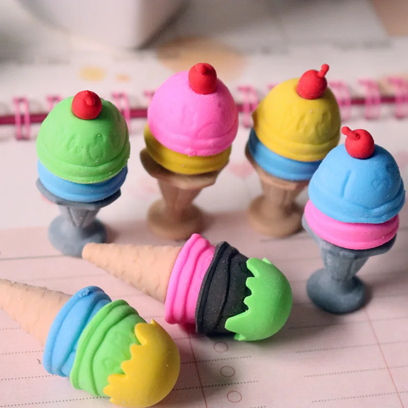 

3 Pieces/batch Creative Cartoon Ice Cream Cone Eraser Student Stationery Christmas Gift Prize Kawaii Eraser Wholesale