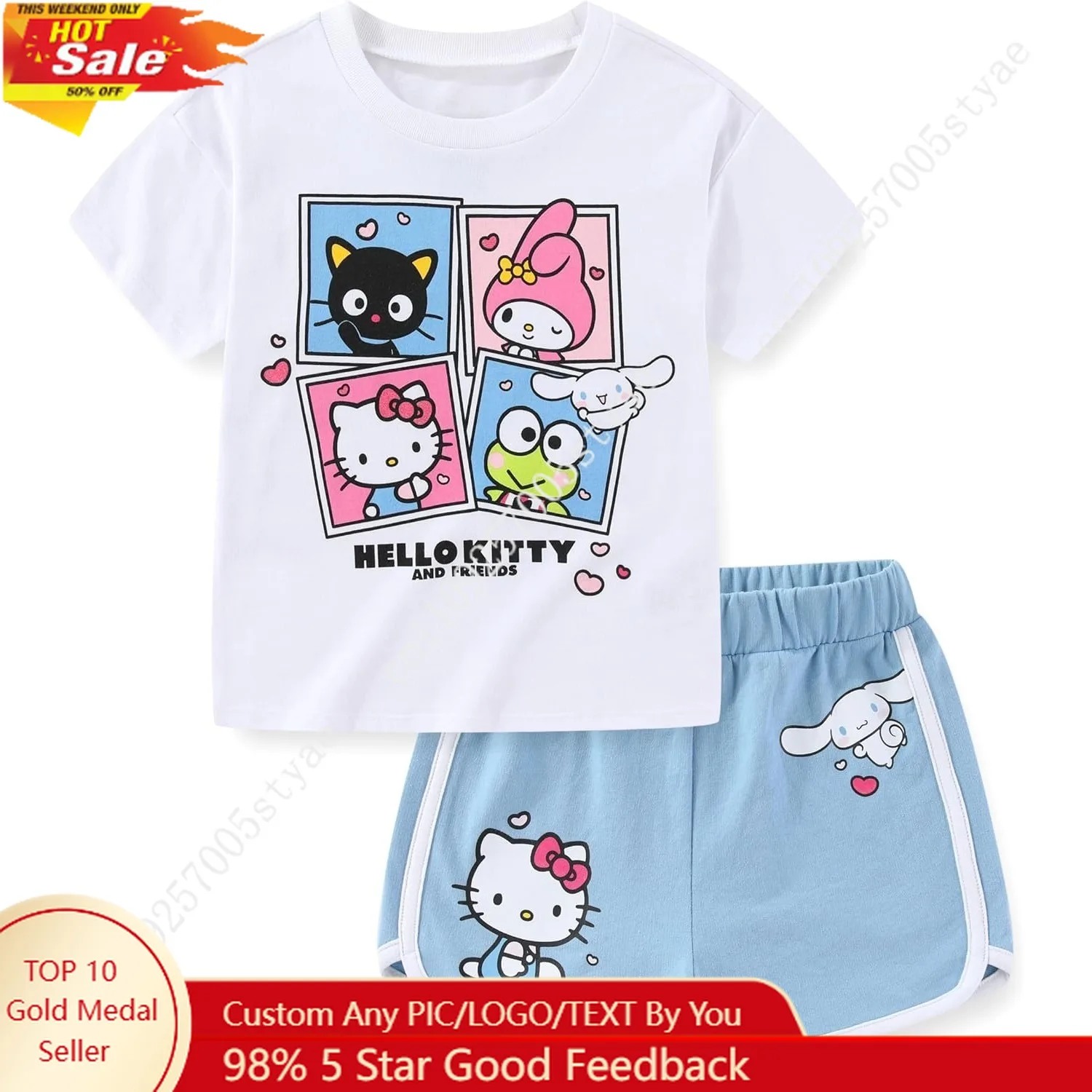 

My Melody Hello Kitty Girl Short Sleeve T-Shirt and Shorts Summer 2 Piece Set for Big Kids Casual Outfit Soft Clothes Top Bottom