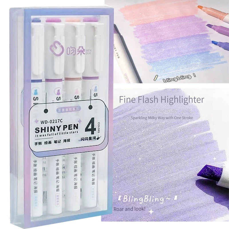 4 Color/Set Glitter Kawaii Glitter Highlighters Markers for Sparkling Note-Taking Planner Bible Journaling Japanese Stationery