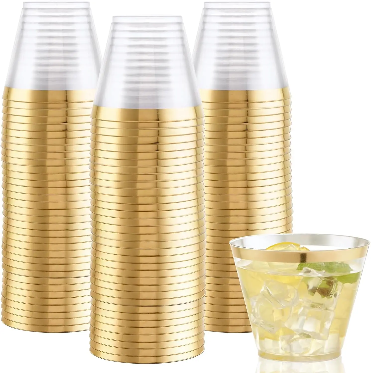 

200Pcs 9OZ Clear Cups - Plastic Disposable Cups with Gold Trim, Heavy Duty & BPA-free for Party, Wedding, Reception