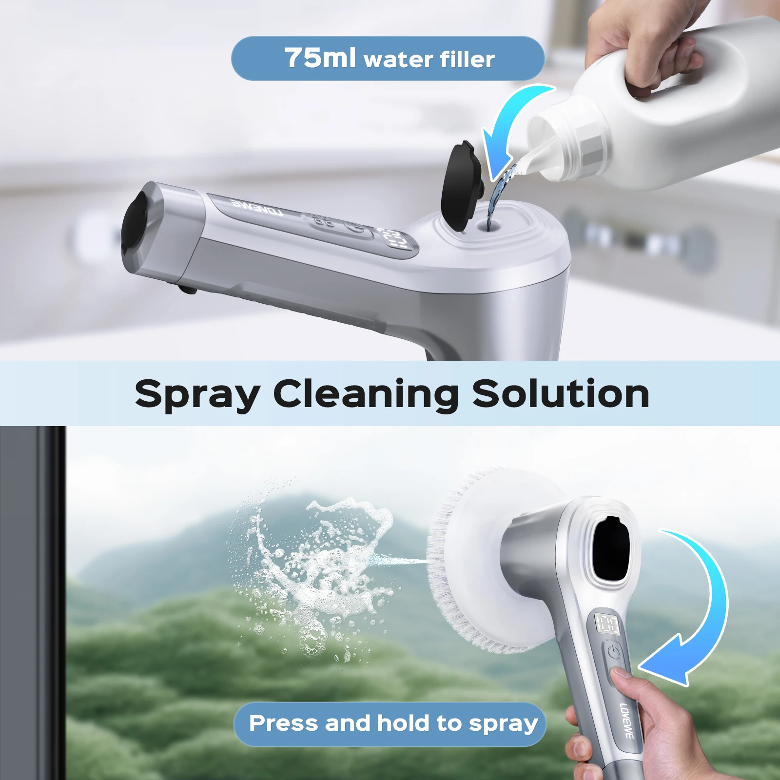 Electric Spin Scrubber, Cordless 4500mAh with Spray, Adjustable Handle, 6 Brush Heads, 2 Speeds, for Bathroom Cleaning