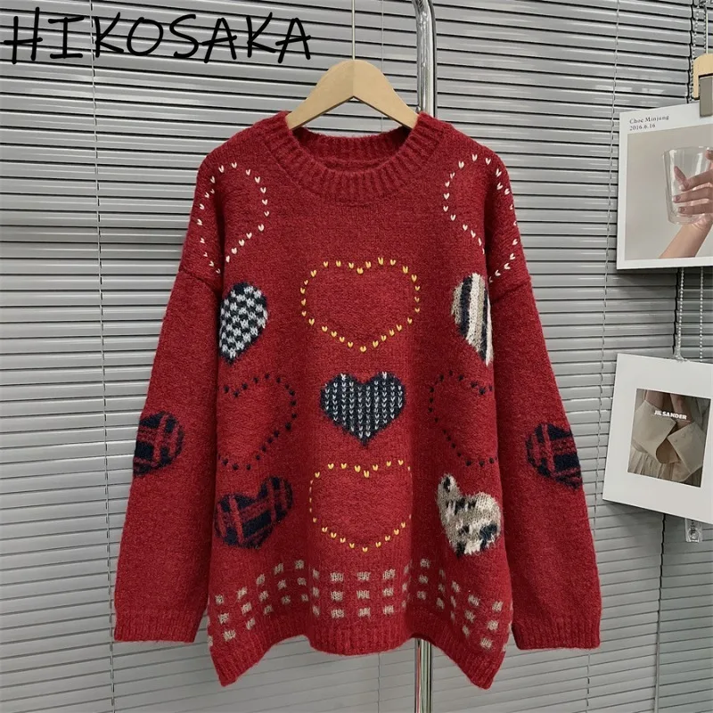 Love Heart Jacquard Vintage Pullover Sweaters Fall Winter Warm Casual Outwear Knitted Top O-neck Long Sleeve Sweet Jumpers