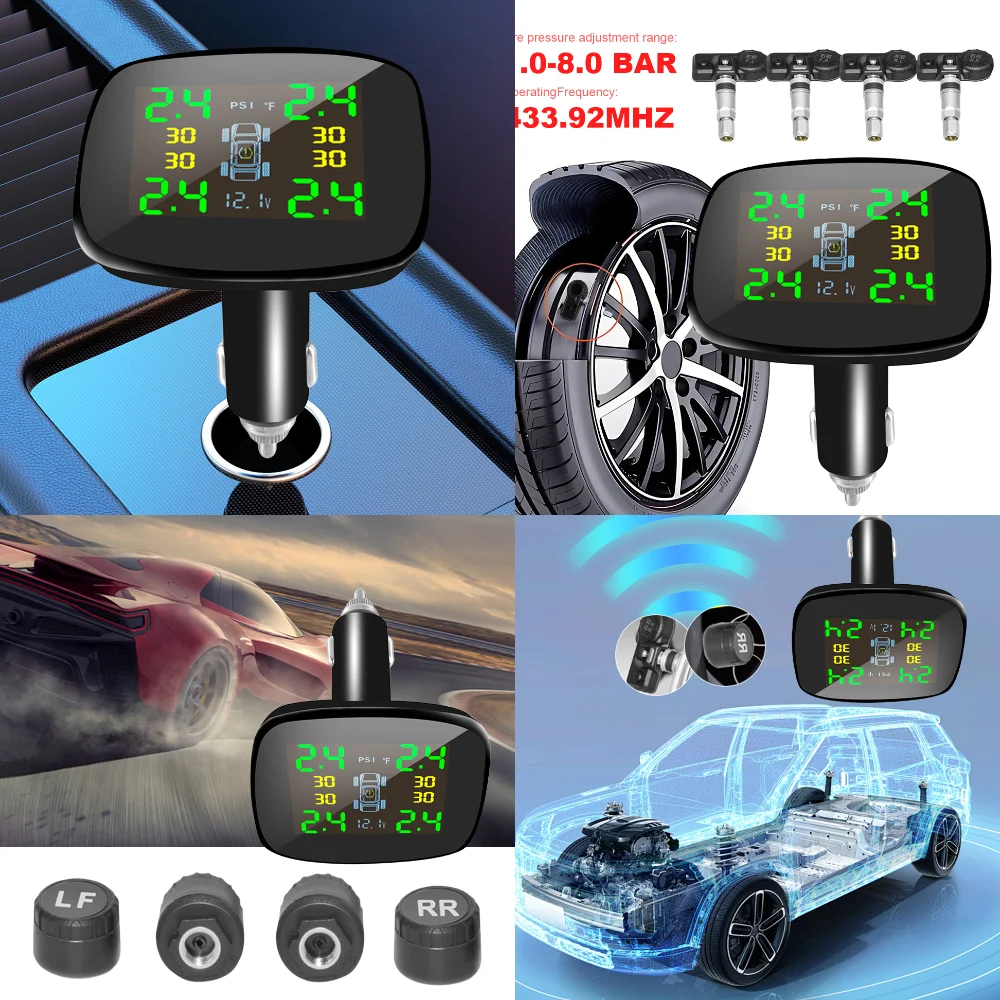 

Tire Pressure Monitoring System 4 Sensors Wireless TPMS Cigarette Lighter Real-time Monitor Car Tire Pressure Temperature Alarm