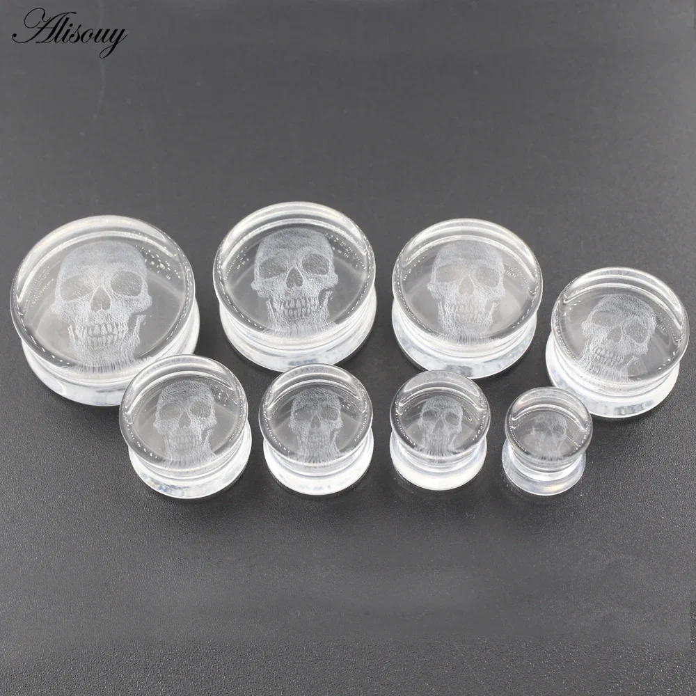 Alisouy 2PC New Transparent Glass Skull Flared Ear Tunnels Plugs Flesh Stretcher Expander Gauges Earrings Piercing Body Jewelry