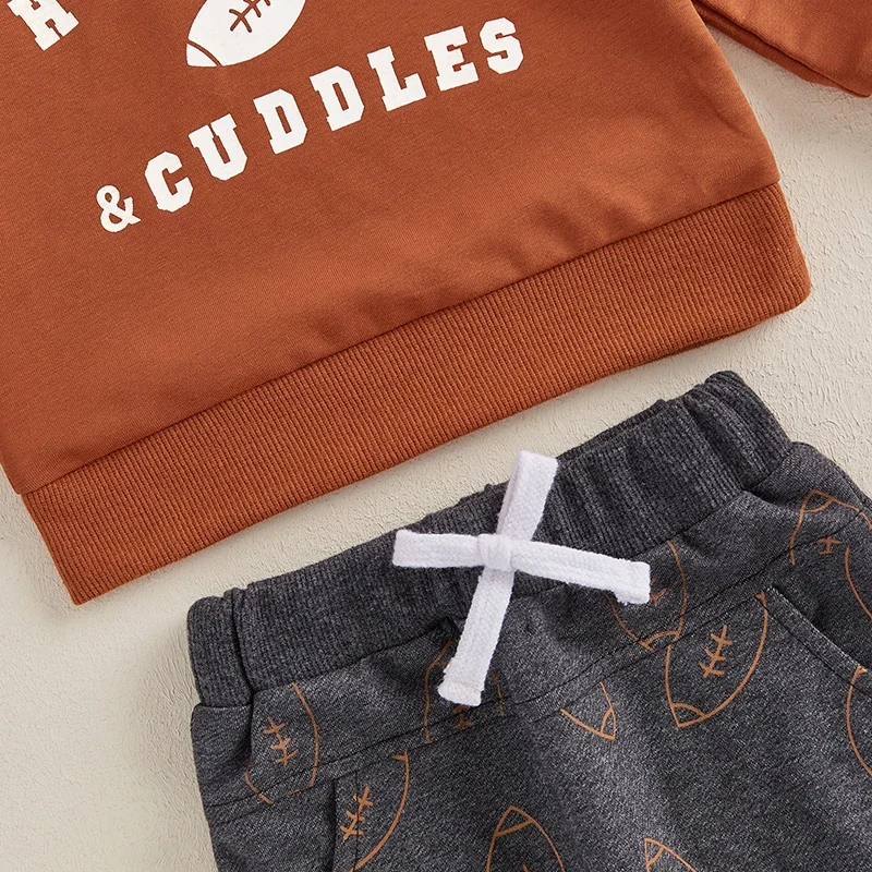 Kids Thanksgiving Day Outfits Baby Boys  Long Sleeve Crew Neck Letters Rugby Print Sweatshirts Sweatpants Pants Clothing Sets