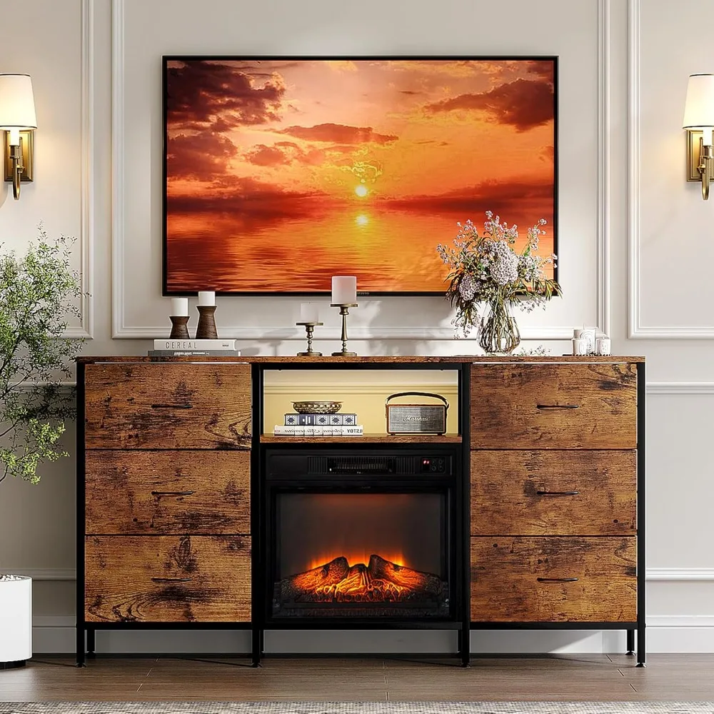 حامل تلفزيون Bonnlo 58 مدفأة مع أدراج قماش وأضواء LED، سخان مدفأة كهربائية، مركز ترفيه حديث مع مفتوح