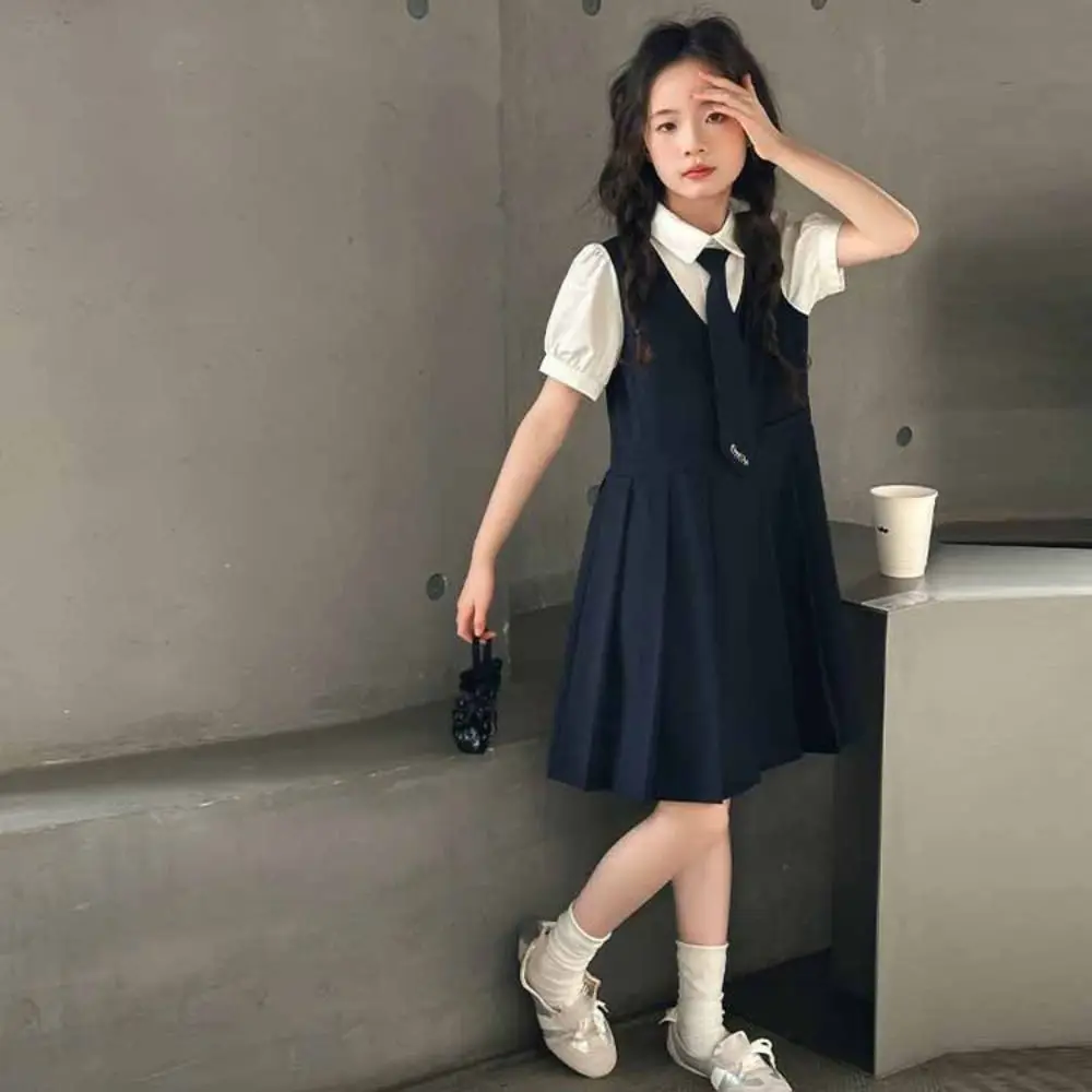 

Loose Pleated Fake Two Dress Short Sleeve Teenagers Summer Girls Dresses Preppy Style Skirts Children A-line Dress Girl