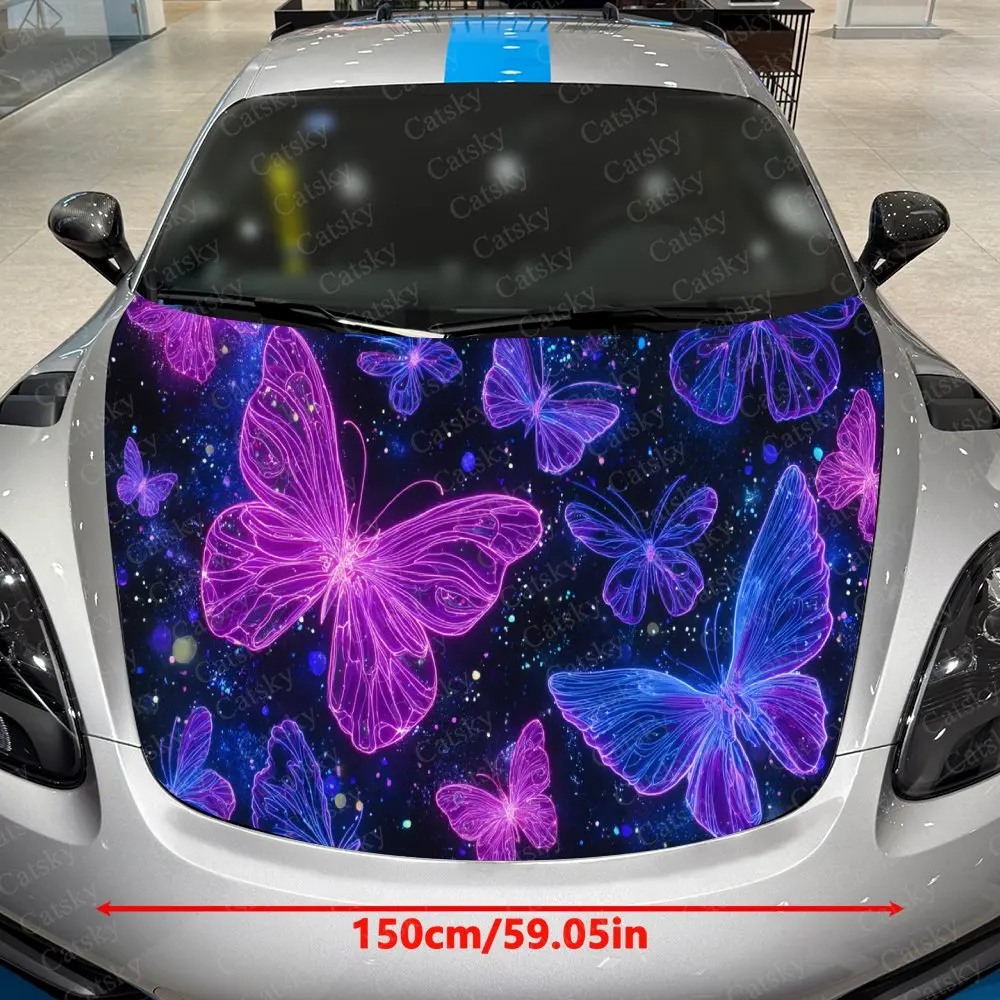 Starry Sky Glowing Butterfly Dance Car Vinyl Wrap, PVC Waterproof Car Hood Sticker, Self-Adhesive Scratch-Resistant Stickers
