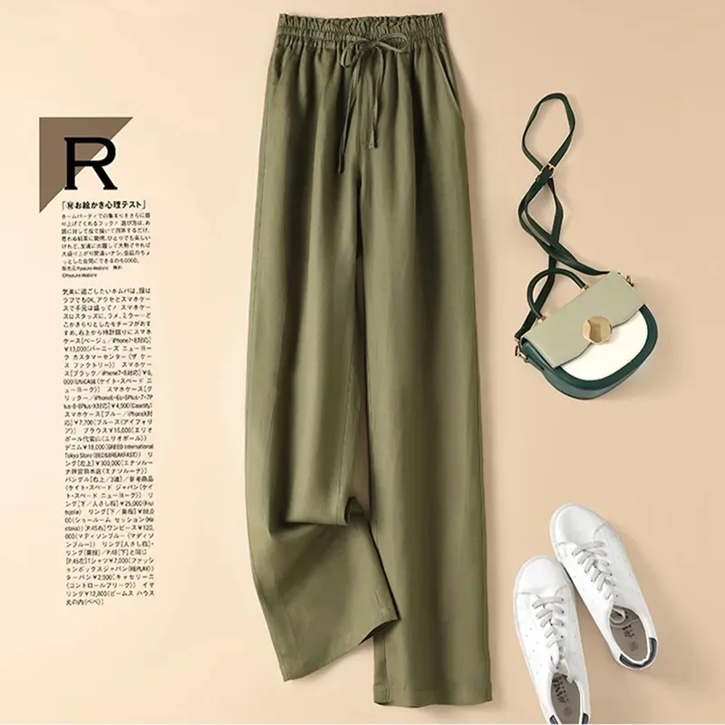 Pantaloni casual a gamba larga in lino di cotone Pantaloni estivi da donna Fashin Elastico in vita Tinta unita Pantaloni dritti semplici di base Abiti femminili