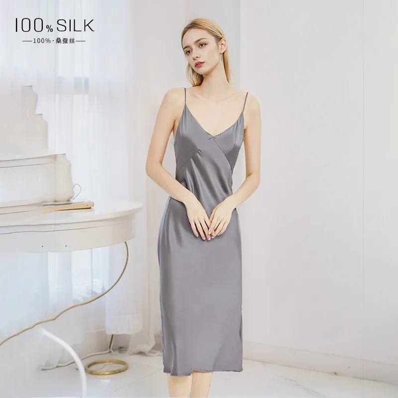 Summer Medium Long 19 Momme Mulberry Silk Women's Sexy Slim Spaghetti Strap Nightgown High-Quality Luxury Lingerie Sleep Dress