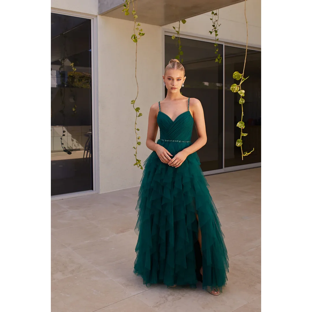 

Mina Customized Backless Evening Dress Luxury Elegant Party Dresses Woman Crystal Layered Sleeveless Slit Special Occasions Prom