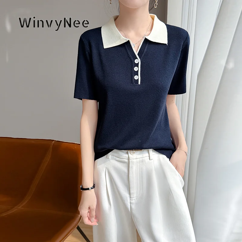 WinvyNee Top de manga corta con cuello Peter Pan y botones en contraste para mujer, conjunto elegante y versátil, ligero y suave para verano, ZA1237003