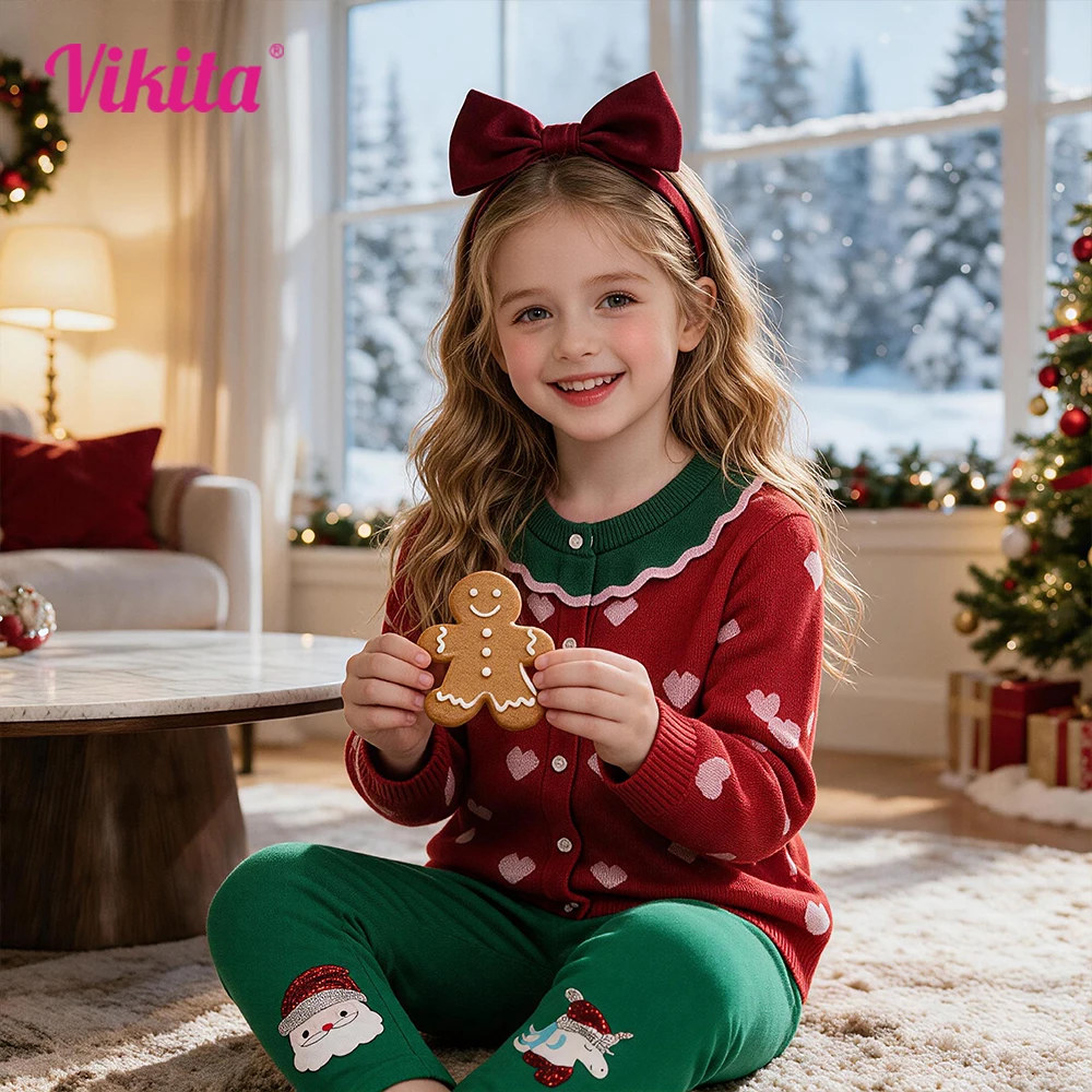 Girls Christmas Outfit Kids Heart Knit Red Cardigans Sweater with Ruffle Collar and Green Leggings Toddlers Holiday Clothes Sets