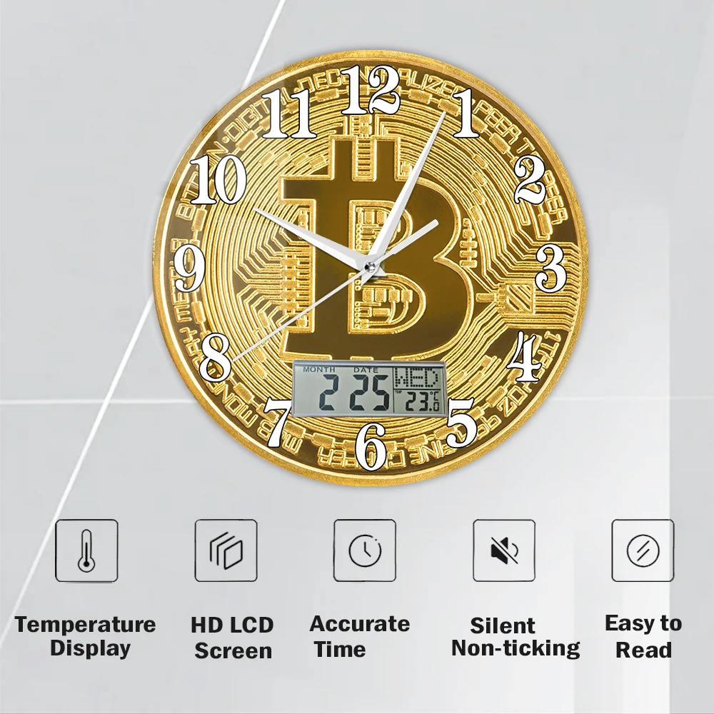 Bitcoin Symbol Printed Wall Clock with LCD Display Golden Coin Cryptocurrency Decor Silent Clock Perpetual Calendar Temperature view 5