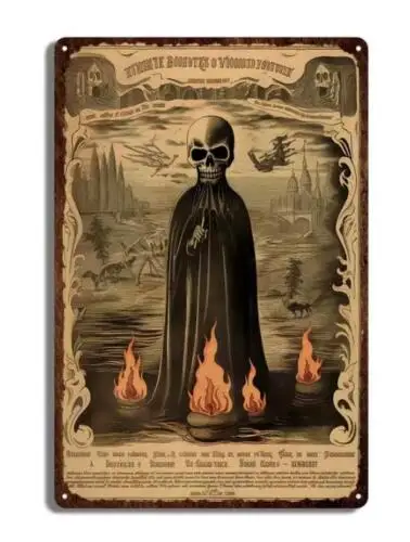 SKULL SKELETON HALLOWEEN METAL TIN SIGN VINTAGE PHOTO SKELETON WITH FIRE ART