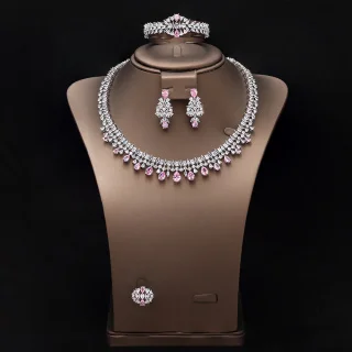 

HIBRIDE Fashion Exquisite Pink Jewelry Set of 4 Necklaces Earrings Bracelet Women Decorative Wedding Bridal Holiday Gift 1041