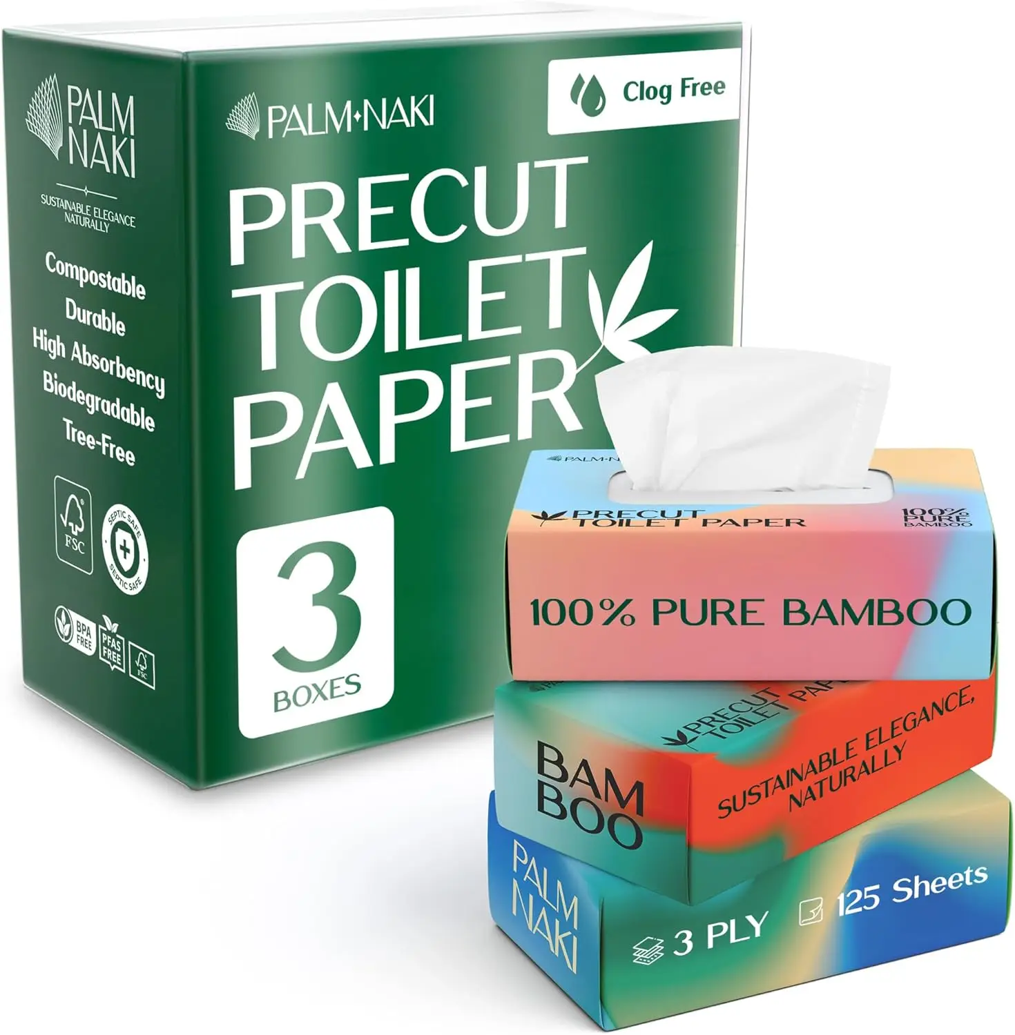 

Pre-Cut Bamboo Toilet Paper 3-Ply, 3 Boxes 125 Sheets Each, Gentle & Sustainable, Lint-Free, Septic Safe, Dissolves Fast