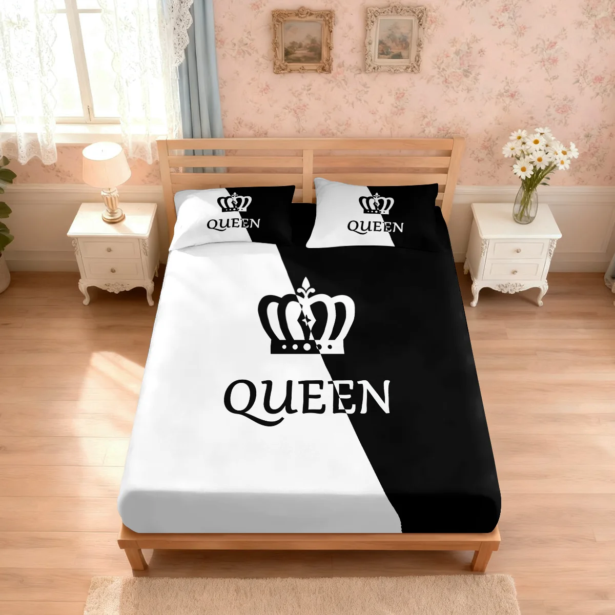 3pcs Black And White Contrasting King Queen Printed Coreless Bed Sheet Set Multi Size Soft Bed Cover, Bedroom Bedding Decoration
